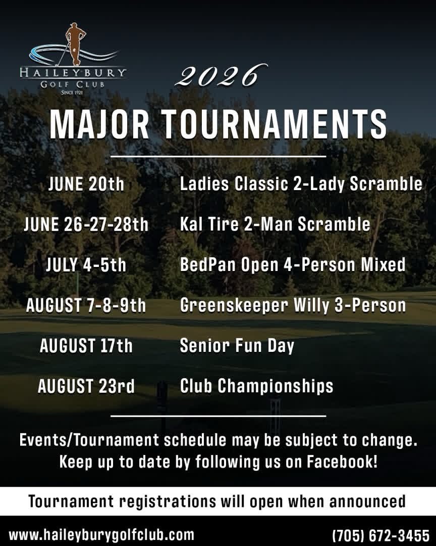 **Updated**
**2026 MAJOR TOURNAMENTS & NOTABLE EVENTS**
Preparation has begun for the 2026 season and we are excited to announce our Major Tournaments and Notable Events for the season!
Please note the change from our previous post;
The Ladies Classic 2-Lady Scramble will take place on Saturday June 20th & The Kal Tire 2-Man will take place from the 26th-28th of June!
Registrations for all events will open as they are announced.
#HGC2026