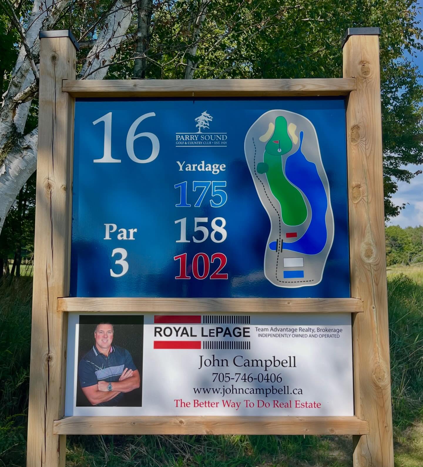 Long time club member John Campbell of ‘Royal LePage Team Advantage Realty Brokerage’ welcomes you to the longest par 3 on our course! Thank you John for your continued support and sponsorship. It is greatly appreciated!
John can be reached at (705) 746-0406 for your real estate needs!
#thebest6000
#fairwaysbarandgrill