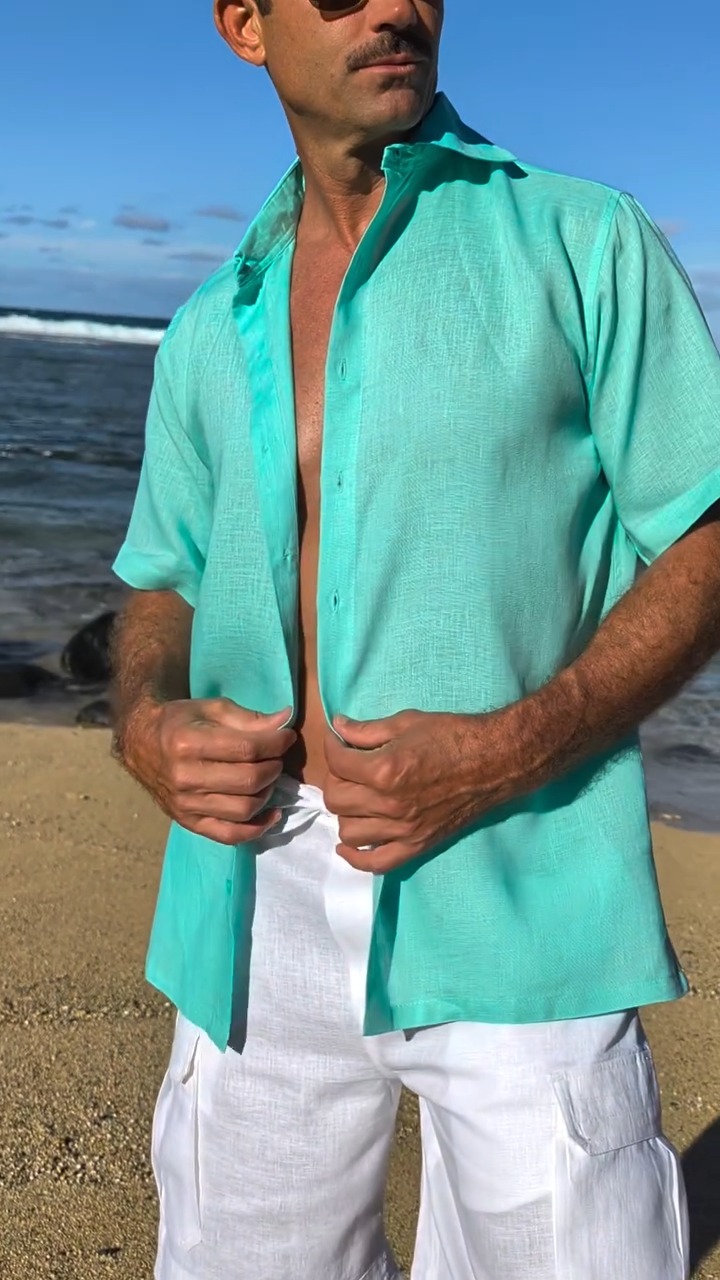 100% Linen Amalfi Shirt in Aqua + the White Cabo Shorts